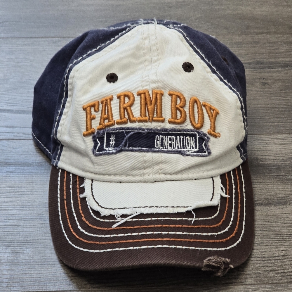 Farm Boy Geberation Kids Hat Velcro Blue White Barn Chore Outdoor Cowboy